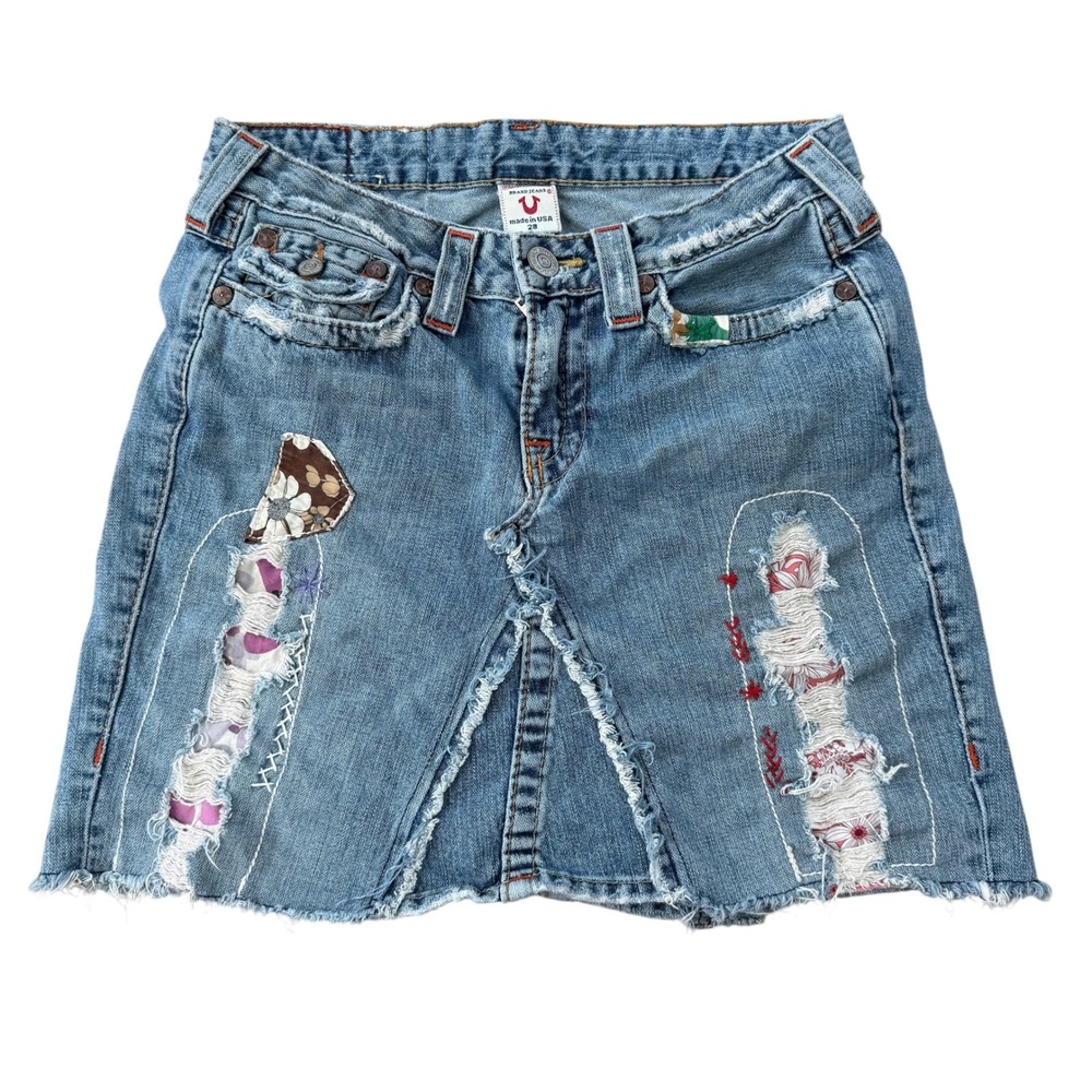 True Religion Woodstock Row Denim Skirt Patchwork Distressed 28 Light Blue